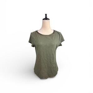 White House Black Market Olive Green Tee with Shoulder Buttons size medium